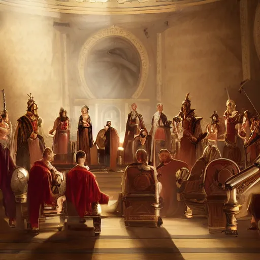 Image similar to roman senators arguing in the senate, high fantasy trending on artstation,