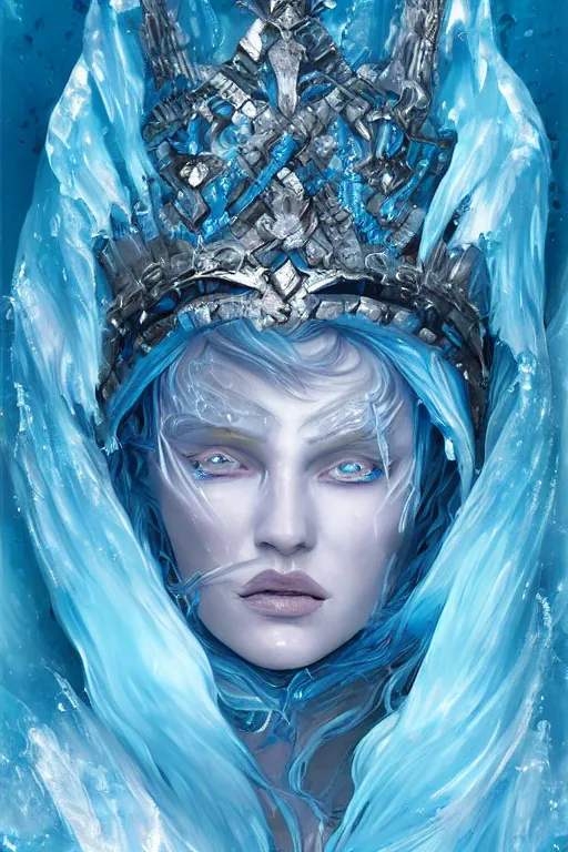 Image similar to Fantasy character portrait of distorted detailed painting of a queen woman made of ice, blue hues, ice blue, icy, hyper detailed, trending on Artstation