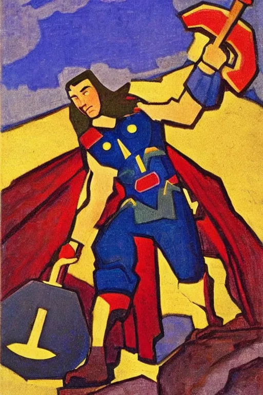 Image similar to thor with hammer, marvel, artwork by nicholas roerich,