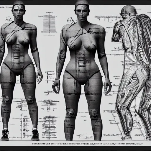 Image similar to full page anatomy scan of kim kardashian detailed, body section, blueprint, mathematics and geometry, post apocalyptic, desaturated, 8K matte, good lighting,