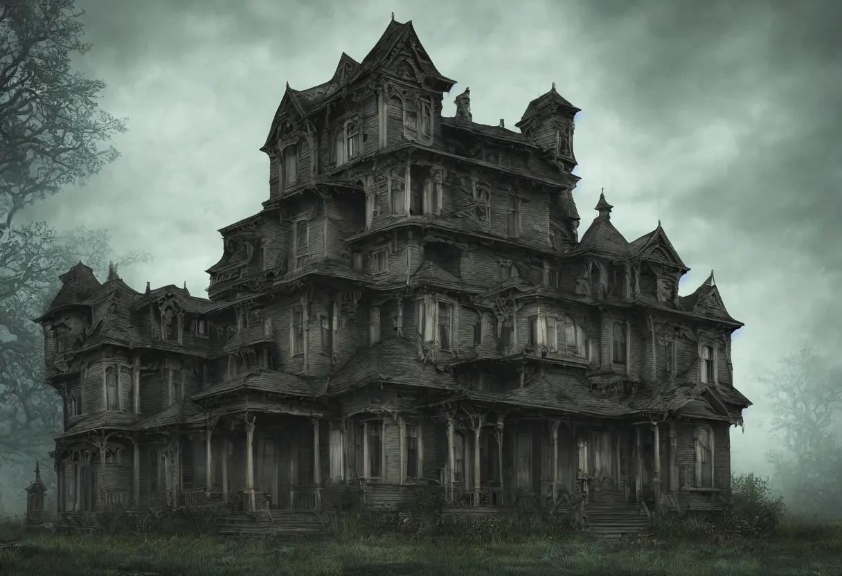 Prompt: creepy victorian house, ominous background, hyperrealism, realistic, dramatic lighting, octane render, highly detailed, cinematic lighting, cinematic, art by rubens and rutkowski and rembrandt