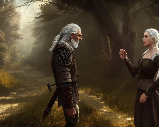 Image similar to 5 5 mm portrait photo of geralt arguing with yennefer. magical atmosphere. art by greg rutkowski. highly detailed 8 k. intricate. lifelike. soft light. nikon d 8 5 0.