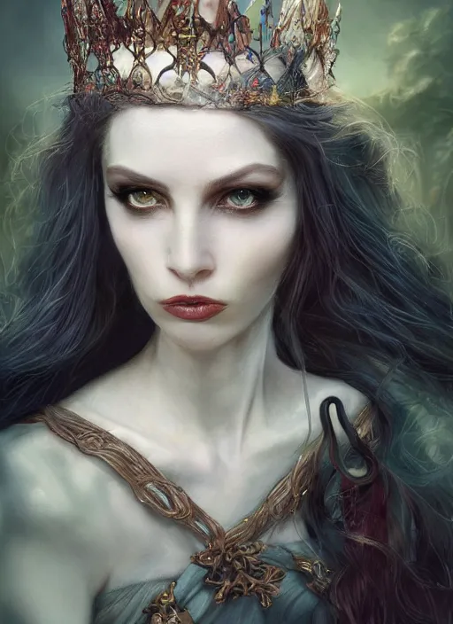 Image similar to pale, beautiful witch with long hair and a crown, fantasy, medieval, vivid colors, fantasy, elegant, concept art, sharp focus, beautiful face!!, digital art, Hyper-realistic, 4K, Unreal Engine, Highly Detailed, HD, Dramatic Lighting by Brom, trending on Artstation