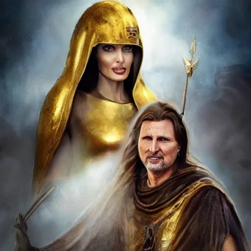 Image similar to Angelina Jolie as ancient greek woman in golden helmet, giant grey-haired bearded Liam Neeson face in the sky, epic fantasy style art, fantasy epic digital art