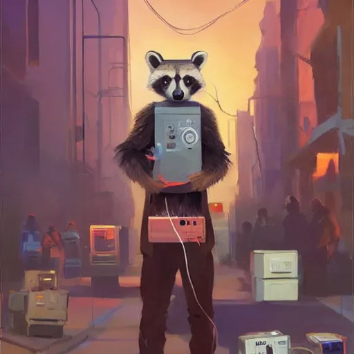 Image similar to greg manchess painting of a trash panda character, holding a box of cables and standing next to old electronic equiptment, medium shot, asymmetrical, profile picture, organic painting, night time, matte painting, bold shapes, hard edges, street art, trending on artstation, by huang guangjian and gil elvgren and sachin teng