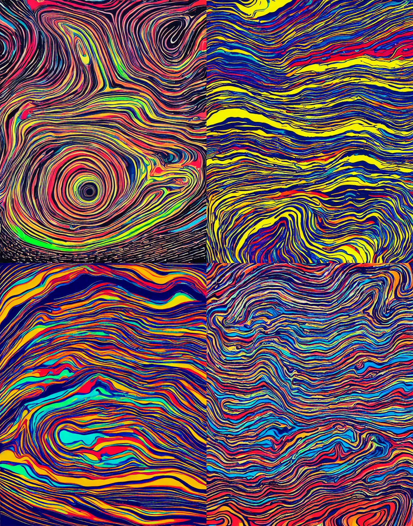 Prompt: Swirling, psychedelic colorful oil spill in the style of a Radiohead album cover (by Stanley Donwood)