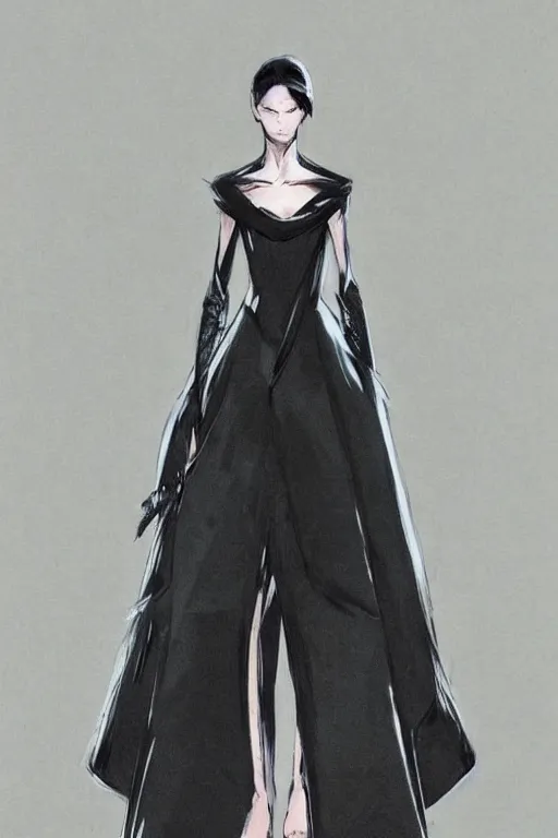 Image similar to dior haute couture dress, concept art, dark colors, high end fashion, style by yoji shinkawa, full body shot