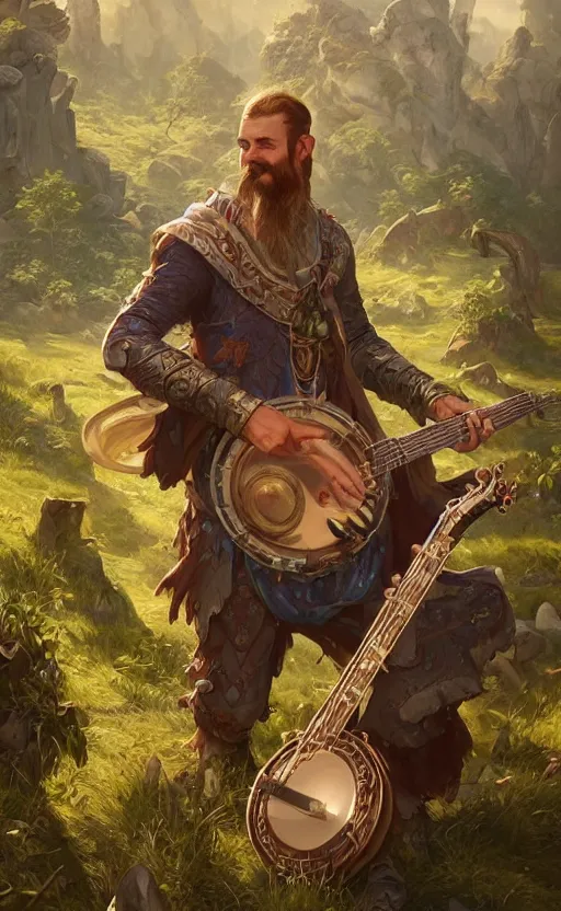 Image similar to male bard, playing the banjo, ruins landscape, d & d, fantasy, intricate, highly detailed, digital painting, artstation, octane render, concept art, matte, sharp focus, illustration, hearthstone, art by artgerm and greg rutkowski and alphonse mucha