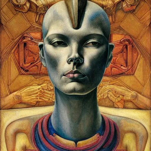 Prompt: the robot queen, by annie swynnerton and diego rivera and lucien freud and jean delville, symbolist, dramatic lighting, elaborate geometric ornament, head and shoulders view, art brut, soft pastel colors, smooth, sharp focus, extremely detailed, adolf wolfli, leo and diane dillon, nicholas roerich