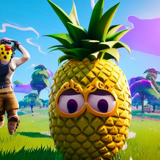 Prompt: anthropomorphic pineapple filled with beans, the bean - filled anthropomorphic pineapple is playing the video game fortnite, there are beans on the ground next to the pineapple