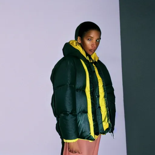 Image similar to realistic! photoshoot for a new balenciaga lookbook, color film photography, portrait of a beautiful woman wearing a puffer jacket, photo in style of tyler mitchell, 35mm