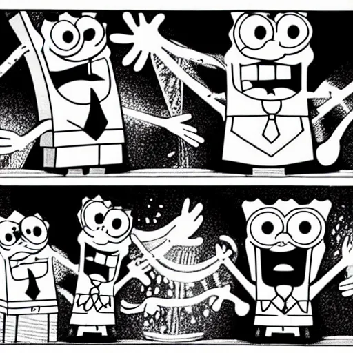 Prompt: spongebob squarepants by junji ito, black and white comic