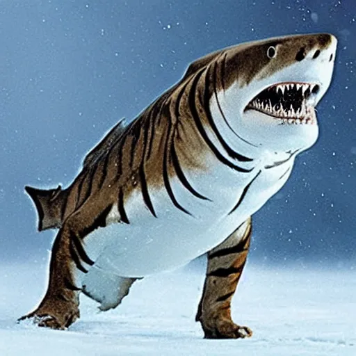 Image similar to A shark tiger hybrid 8' the Arctic snow. A creature that is half tiger half shark. National Geographic photograph
