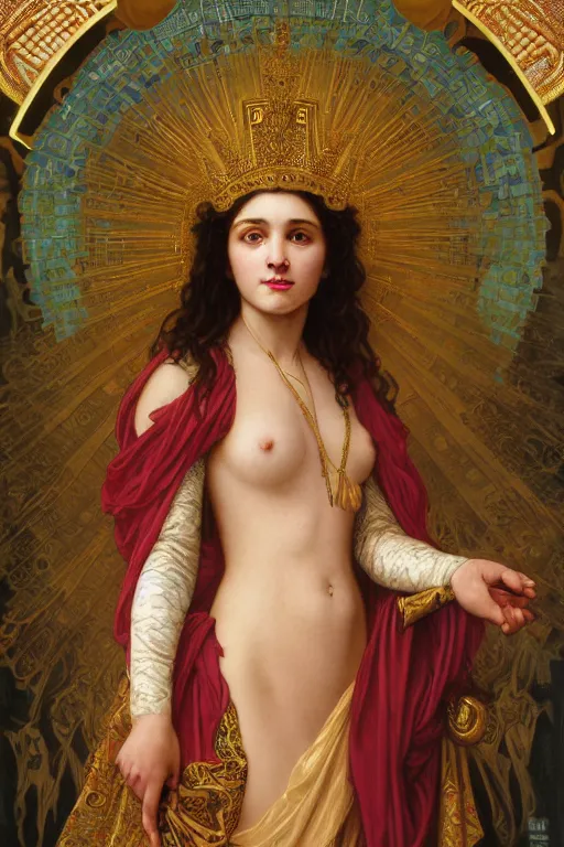 Image similar to Portrait of historically accurate, biblical, sneering, young, wicked, terrible, evil, pagan, beautiful, queen jezebel of ancient Israel, wearing gilded robes, long hair, intricate, elegant, highly detailed, masterpiece, illustration, art by artgerm and greg rutkowski and alphonse mucha and Wayne Barlowe and william-adolphe bouguereau, highly detailed, trending on artstation, award winning