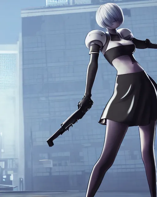 Image similar to 2B from Nier Automata and with slender body type standing in front of a large building holding a pistol, GTA 5 loading screen cover, cartoon illustration, 8k