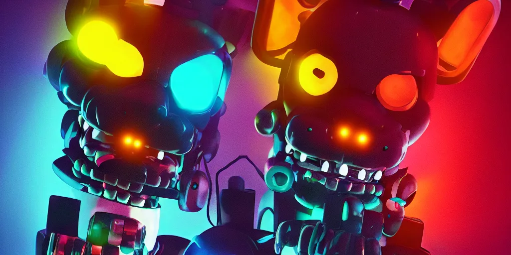 Image similar to fnaf freddy, cyberpunk, rgb, neon, hd, cinematic,