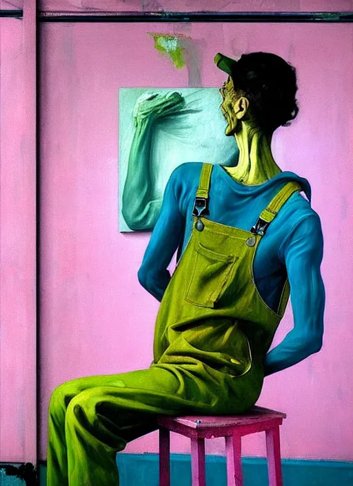 Image similar to a skinny, starving artist wearing overalls, painting the walls inside a deserted chernobyl sarcophagus, hauntingly surreal, highly detailed painting by francis bacon, edward hopper, adrian ghenie, gerhard richter, and james jean, soft light 4 k in pink, green and blue colour palette