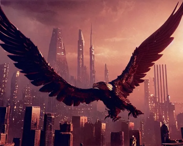 Prompt: a movie still of a gigantic egyptian god fighting a huge eagle in blade runner los angeles, by marvel movies and ilm