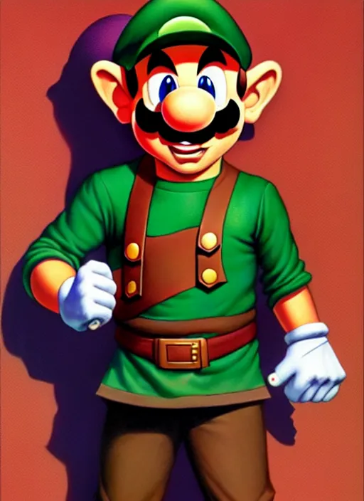 Prompt: full body character, if link and mario had a baby, 1 6 k, digital painting by tim hildebrandt, greg hildebrandt, glenn fabry