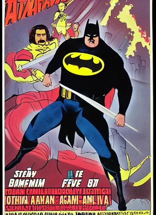 Image similar to an 8 0's john alvin superhero movie poster starring steven seagal as the character fat batman movie is called fat bat man