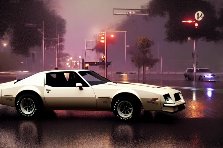 Image similar to hyperdetailed, photorealistic photograph of a 1 9 8 2 pontiac firebird trans - am drifting in the streets, rain, night, dense fog, hd, unreal engine 5 by greg rutowski, by stanley artgerm, by alphonse mucha