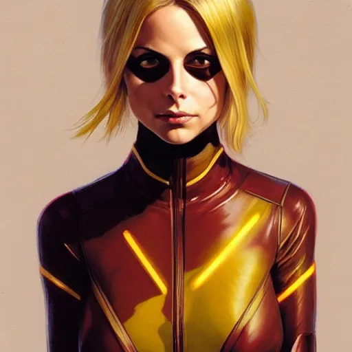 Image similar to Willa Holland with blonde hair as Kid Flash, western, D&D, fantasy, intricate, elegant, highly detailed, digital painting, artstation, concept art, matte, sharp focus, illustration, art by Artgerm and Greg Rutkowski and Alphonse Mucha