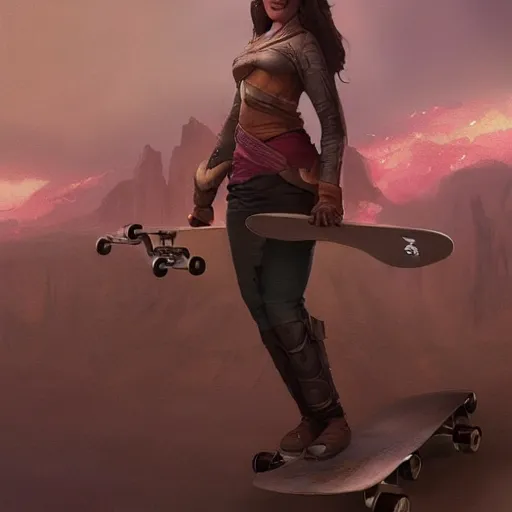 Image similar to A matte painting of Chandra on a skateboard, art by greg rutkowski, trending on artstation