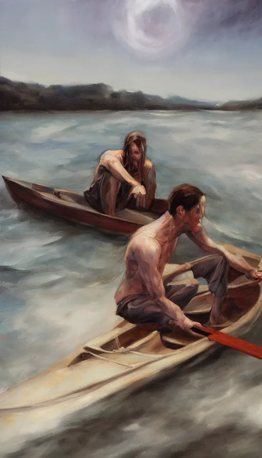 Prompt: man on boat crossing a body of water in hell with creatures in the water, sea of souls, by emilia wilk