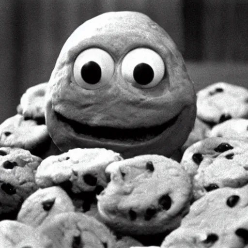 Prompt: a film still of the cookie monster in the seventh seal ( 1 9 5 7 )