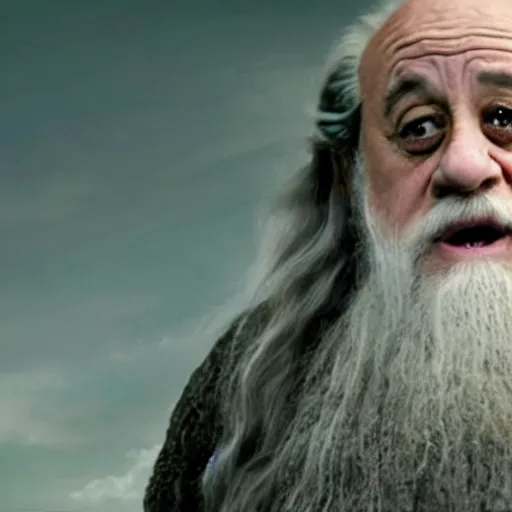 Image similar to movie still of danny devito starring as gandalf the white in the 2 0 2 4 lord of the rings movie, full body, hyper realistic, high quality, wide angle