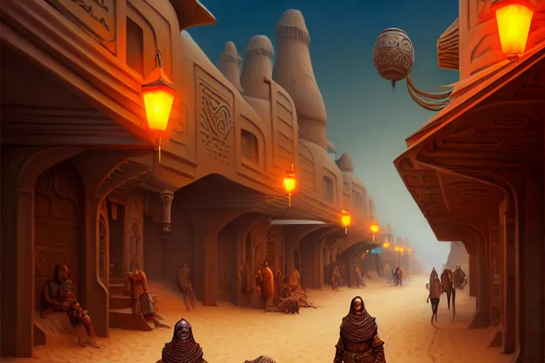 Prompt: a highly detailed bazaar street in the dune city of tyr from the land of athas, amazing dark sun digital painting, by gerald brom, brom digital art, intricate details, ultra realistic, beautiful art, volumetric lighting, stylized cell shading, warm colors advance cool colors recede, by brom, trending cgsociety, artstation, rim lighting, 8 k