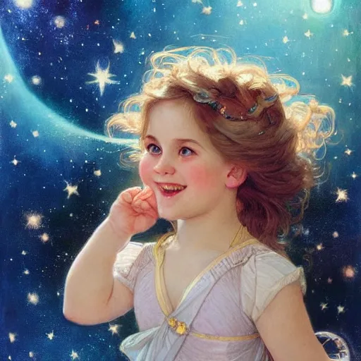 Image similar to a cute little girl with a round cherubic face, blue eyes, and short wavy light brown hair smiles as she floats in space with stars all around her. She is wearing a turquoise dress. Beautiful painting by Artgerm and Greg Rutkowski and Alphonse Mucha