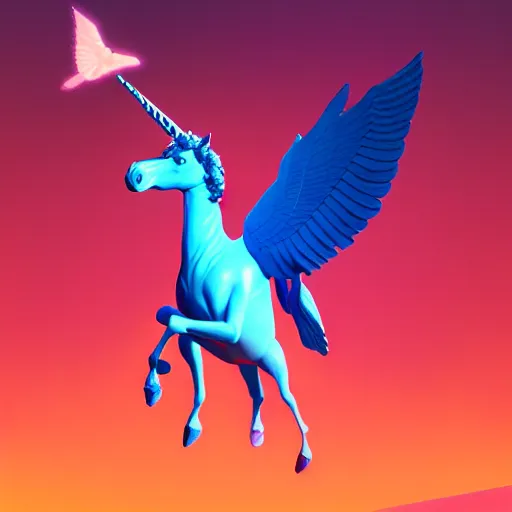Image similar to jeff goldblum on a winged unicorn, art by beeple, hyperrealistic
