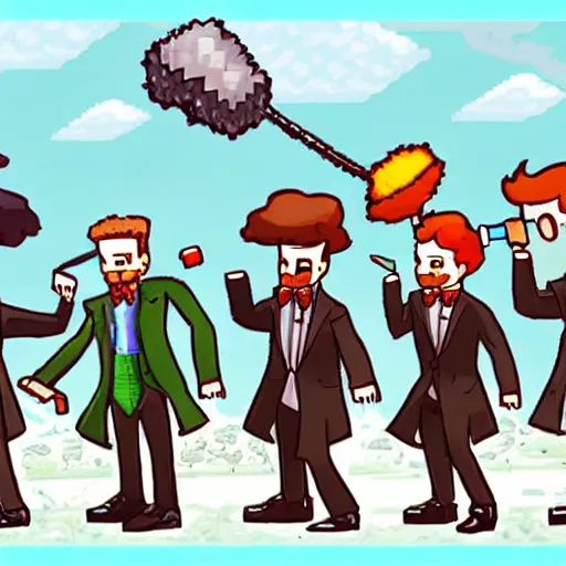 Prompt: a group of gentlemen with classy suits enjoying terraria while drinking their tea, masterpiece, ultra realistic, intricate details, concept art, highly detailed, photorealistic, dynamic lighting