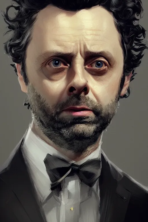 Prompt: Michael Sheen with light beard, curly hair, modern, hero, wearing a suit, highly detailed, digital painting, artstation, concept art, sharp focus, illustration, by greg rutkowski