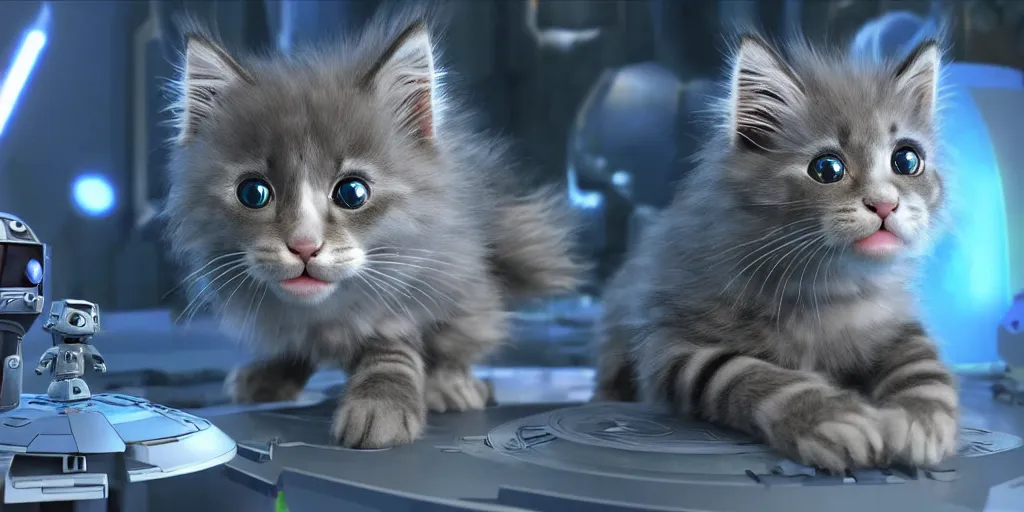 Image similar to a 3 d rendered movie of a cute robot kitten with whiskers. the robot has rgb lighting implants and it resembles a maine coon kitten. in the background is a cat tree ( cyberpunk ) for robots. dramatic lighting. science fiction blockbuster movie, imax 7 0 mm. octane 3 d render, style of mandalorian ( american space western television series ) but about robots