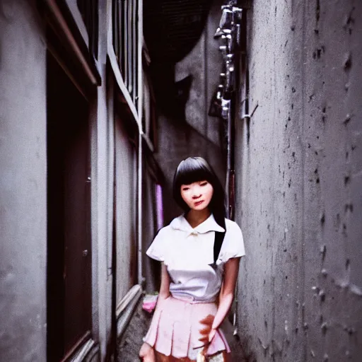 Image similar to a perfect 8K HD professional photo of close-up japanese schoolgirl posing in sci-fi dystopian alleyway, at instagram, Behance, Adobe Lightroom, with instagram filters, taken with polaroid kodak portra