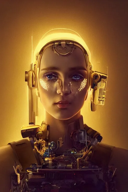 Prompt: Kodak Portra 400, 8K, soft light, volumetric lighting, highly detailed, britt marling style 3/4 ,portrait photo of a beautiful cyborg woman with gold , cyberpunk,sci-fi, fantasy, intricate, elegant, highly detailed, digital painting, artstation, concept art, smooth, sharp focus, illustration, art by artgerm and greg rutkowski and alphonse mucha