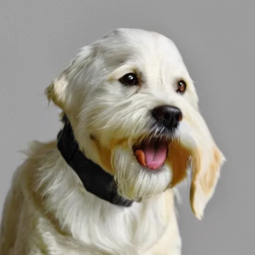 Image similar to a dog that looks like garlic drinks mayonnaise from a metal bowl