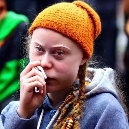 Image similar to Greta Thunberg smoking weed in rasta clothing
