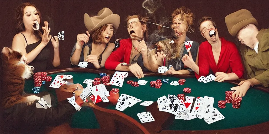 Prompt: five cats playing Texas holdem poker, smoking cigarettes and singing