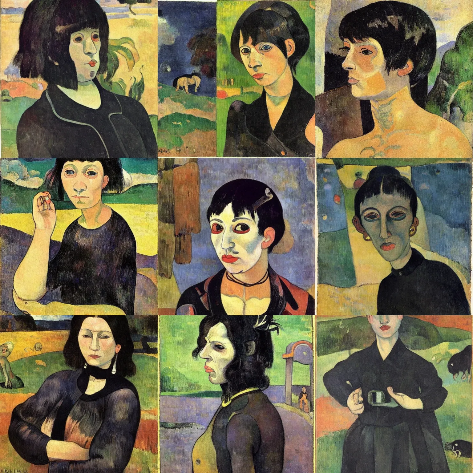 Prompt: A goth painted by Paul Gauguin. Her hair is dark brown and cut into a short, messy pixie cut. She has a slightly rounded face, with a pointed chin, large entirely-black eyes, and a small nose. She is wearing a black tank top, a black leather jacket, a black knee-length skirt, a black choker, and black leather boots.