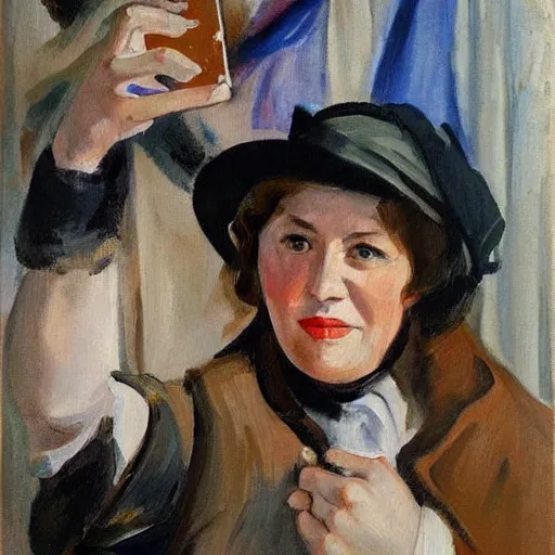Prompt: selfie taken by a woman in 2 0 1 9, painted by zinaida serebriakova