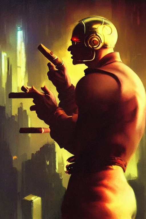 Prompt: An android lighting a single cigar in a cyberpunk setting, by Frank Frazetta, wearing rings, dramatic lighting, high contrast colours, as trending on Artstation, highly detailed,