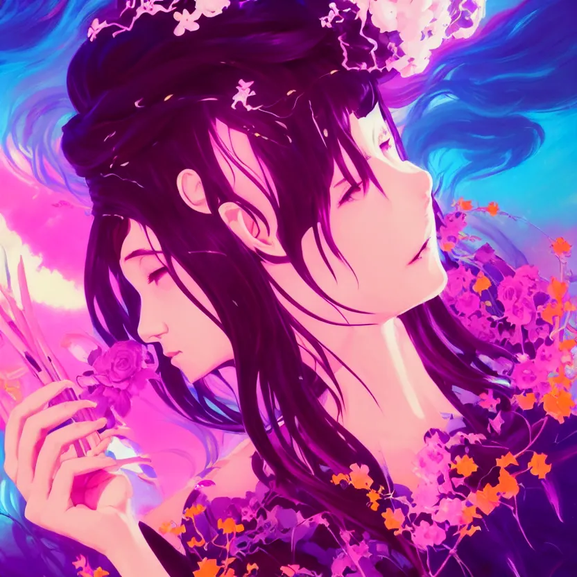 prompthunt: side profile macro portrait, cute modern gothic anime girl with  synthwave flower background, gloomhaven, colorful swirly retrowave style  fantasy poster, by greg manchess, lois van baarle, sachin teng, greg  rutkowski, jesper