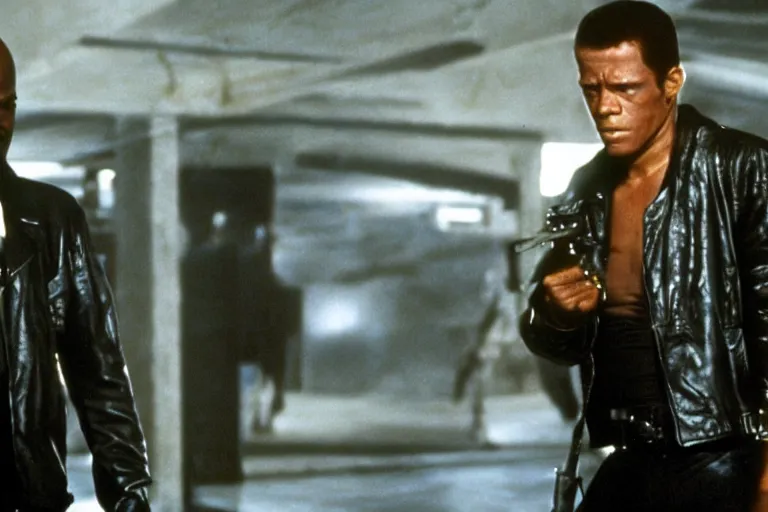 Image similar to Samuel L. Jackson plays Terminator wearing leather jacket and his endoskeleton is visible, action scene from the film