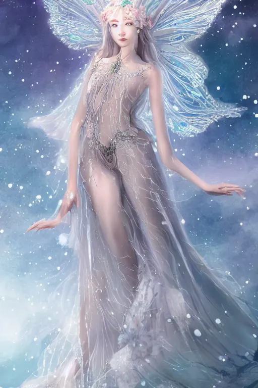 Image similar to a moon fairy dressed in intricate silver clothing surrounded by water particles above a serene pond, fantasy, wlop, trending on artstation, deviantart, anime key visual, official media, professional art, 8 k uhd