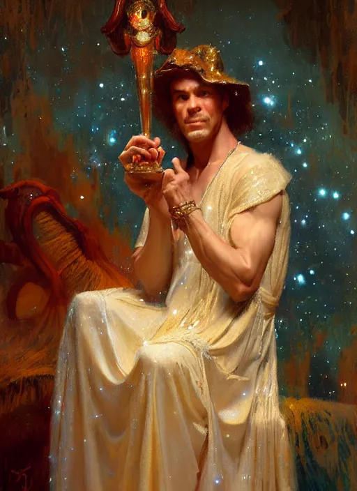 Image similar to billy hill, god of starlight, modest flowing gown, smug expression, highly detailed painting by gaston bussiere, craig mullins, j. c. leyendecker 8 k, sparkling nebula