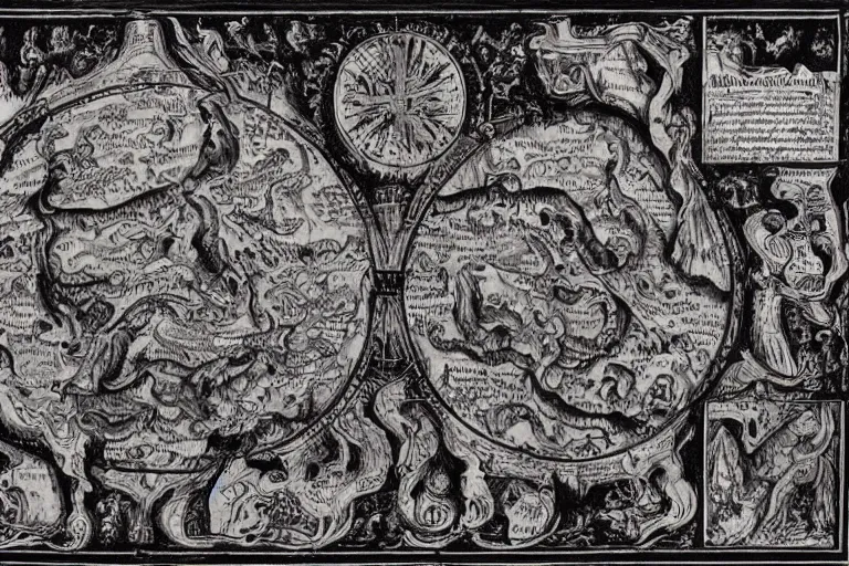 Prompt: intricate detailed ancient map of the regions of hell and the dimensions of the damned, inferno flames demons daemons purgatory limbo, technical cartography with annotations and notes in the margins