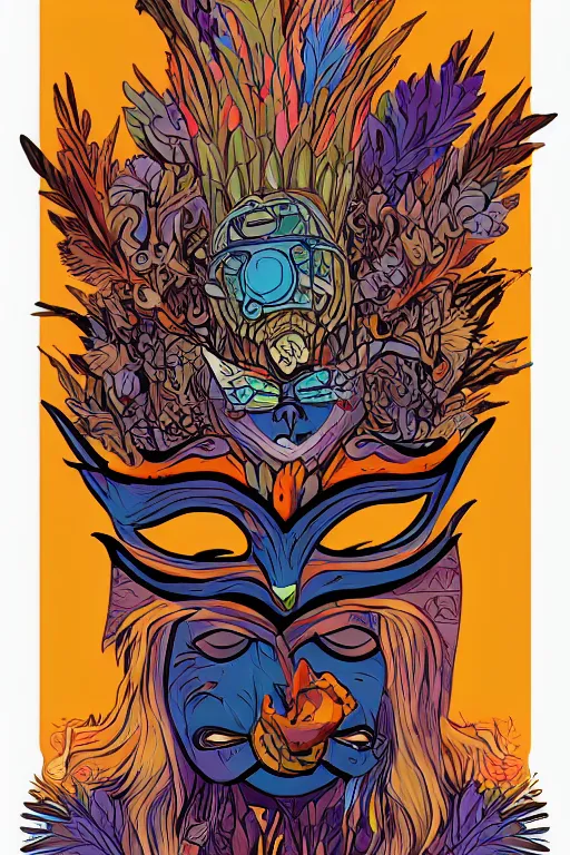 Image similar to animal mask totem roots flower tribal feather gemstone plant wood rock shaman vodoo video game vector cutout illustration vivid multicolor borderlands comics by josan gonzales and dan mumford radiating a glowing aura